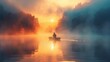 © Attasit - A lone fisherman on a misty lake at dawn, captured with serene, cinematic lighting