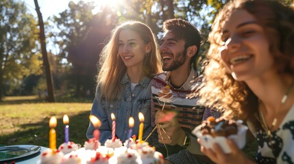 Wall Mural - A group of friends celebrating a birthday with cake outdoors.