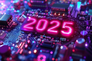 Poster - A vision of the technology era of 2025. The age of innovation. The age of technological development. Circuit board. The texture of a circuit board. The pattern of a circuit board. Electronic