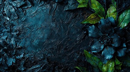 Wall Mural -   A zoomed-in image of a blooming flower against a black backdrop, featuring lush green foliage underneath it