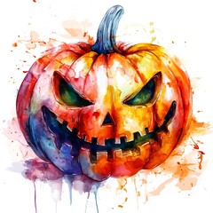 Wall Mural - A single, brightly colored jack-o'-lantern features a smiling face with glowing eyes, set against a backdrop of artistic watercolor splashes, embodying Halloween spirit