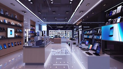 Modern electronics store with sleek gadgets and interactive displays. 32k, full ultra hd, high resolution