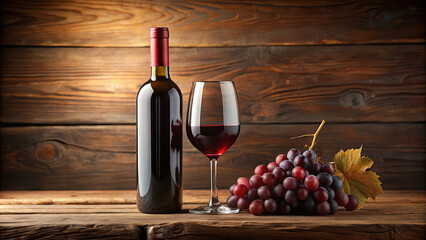 Red wine is poured into a glass next to a bottle and a bunch of fresh grapes on a rustic wooden table, creating an inviting atmosphere perfect for relaxation