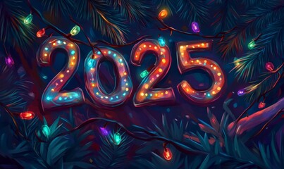 Wall Mural - Poster template for Happy New Year 2025 with light and bokeh effects.