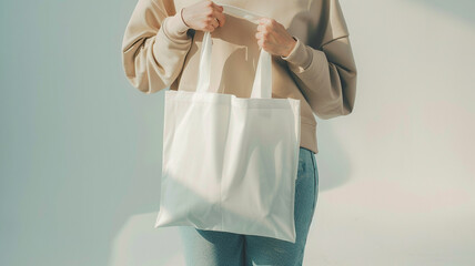 Wall Mural - A woman carrying white blank tote bag with no design mockup