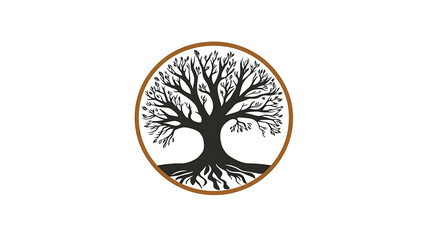 Black tree of life symbol with brown circle frame on white background.