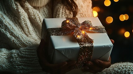 Sticker -   A person with a gift-wrapped present box against a lit Christmas tree