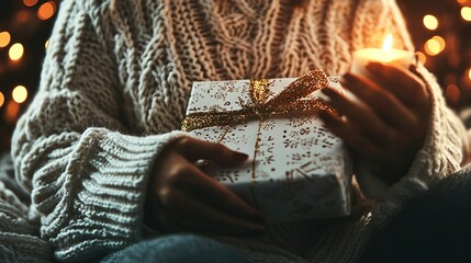 Sticker -   A person holding a gift box under a lit Christmas tree with festive lights surrounding it