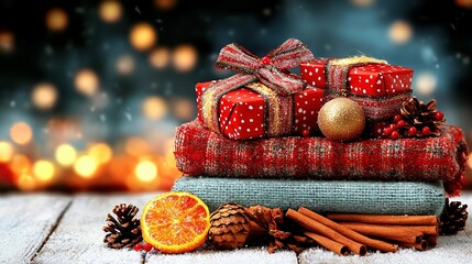 Wall Mural -   A Christmas present pile sits atop blankets with an orange slice and cinnamon nearby