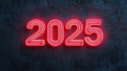 An illuminated neon number displays the year 2025 on a dark background.