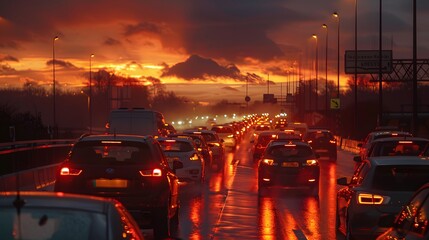 Sunset Traffic Jam: Crowded Urban Roads and Slow Motion at Dusk.