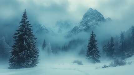 Wall Mural - Mystical Winter Landscape with Snow-Covered Trees and Majestic Mountains in the Background on a Foggy Day