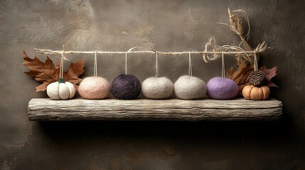 Wall Mural -  A shelf adorned with multicolored balls and natural elements like leaves and acorns hangs from its sides