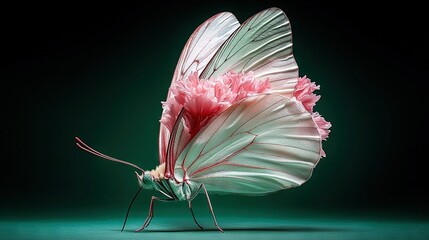 Wall Mural -   Close-up of a butterfly with a flower on its hind legs on a green background against a black backdrop