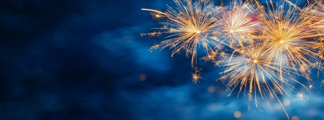 A happy new year 2025 / New Year's Eve Holiday Event Fireworks - Christmas background panorama banner with golden fireworks and champagne classes toasting on a dark night sky texture with bokeh