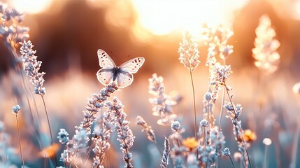 Canvas Print -   A macro shot capturing a butterfly perched on the petal of a blossom with the sun illuminating the backdrop