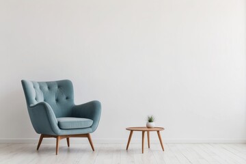 Wall Mural - Blue Upholstered Armchair and Wooden Side Table in a White Room