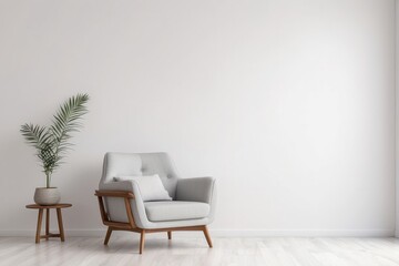 Wall Mural - A Modern Grey Armchair with Wooden Legs and a Side Table in a White Room