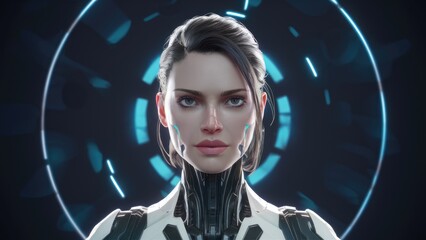 Poster - 3D rendering of a futuristic female cyborg character. Not AI-generated content.