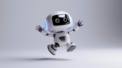 Poster -  3D rendering of a playful small artificial intelligence robot character in a jumping pose, isolated on a white background.
