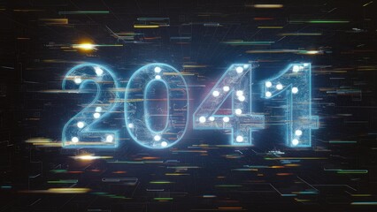 Poster - 3D rendering of futuristic 2041 text featuring visual effects of technological malfunctions, showcasing striking screen glitches and diverse interference types.