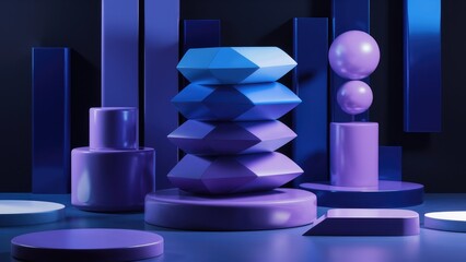 Poster - 4K Ultra HD abstract geometric luxury wallpaper featuring stacked shapes on a dark backdrop. chic and minimalist 3D desktop design with blue and violet gradients. Fourth variation.