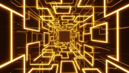 Wall Mural - A glowing yellow neon square tunnel in a digital rendering, featuring illuminated square shapes that create an abstract and futuristic atmosphere.