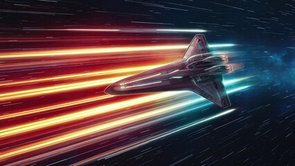 A beautifully designed digital illustration showcases a futuristic spaceship traveling at warp speed, leaving vibrant light trails that create a dynamic sense of motion in a starry cosmic background.