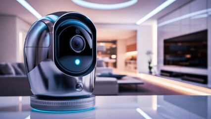 Poster - A sleek, modern security camera positioned in a luminous interior, showcasing cutting-edge surveillance technology for home safety.