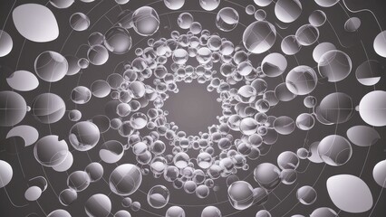 Poster - Abstract 3D background with bubble patterns and transparent circular shapes in gray and white gradient.