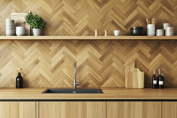 Poster - Decorative shelf with kitchenware and sink in a light kitchen