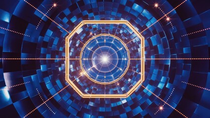 Poster -  Abstract Futuristic Blue Violet Shiny Perspective Square HUD with Mosaic Grid and Dotted Lines Light Flare