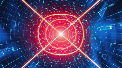 Poster -  Abstract Futuristic Blue Violet Shiny Perspective Square HUD with Mosaic Grid and Dotted Lines Light Flare