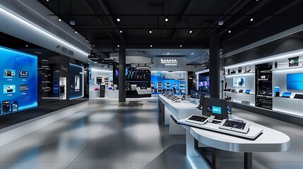 Modern electronics store with sleek gadgets and interactive displays. 32k, full ultra hd, high resolution