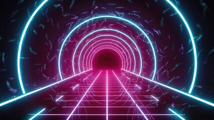 Poster - abstract light particles for edm music events with neon tunnel background loop