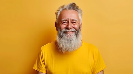 Canvas Print - A smiling elderly man with a beard wearing a yellow shirt against a bright yellow background.