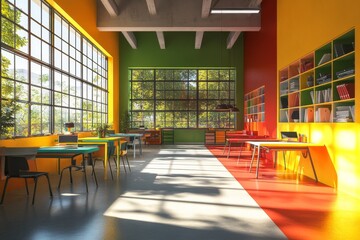 Poster - the colorful interior of an office room includes a computer desktop, chairs, a shelf, and a window.