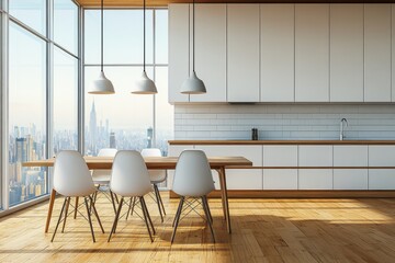 Wall Mural - With a dining table and cabinets in the corner of a white kitchen