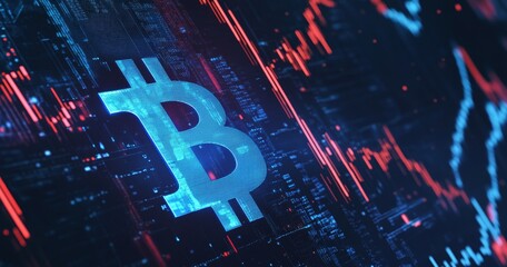 Poster - Digital statistics and graph indicators on a glowing bitcoin hologram HUD