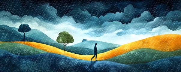 A solitary figure walks through a vibrant landscape under a stormy sky, symbolizing introspection and resilience in nature.