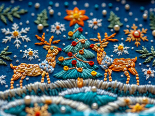 A blue piece of fabric with a tree and two deer embroidered on it. The deer are positioned in front of the tree, and the tree is surrounded by snow