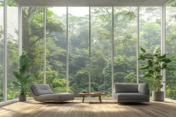 Sticker - This living room in a luxury hotel features a sofa and coffee table, as well as a panoramic window