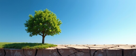 Wall Mural - Lone Tree Symbolizing Hope Growing on Cracked Earth Against Blue Sky with Copy Space