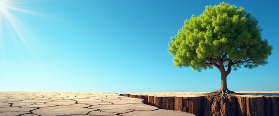 Lone tree with vibrant green foliage standing resilient against cracked desert landscape with copy space