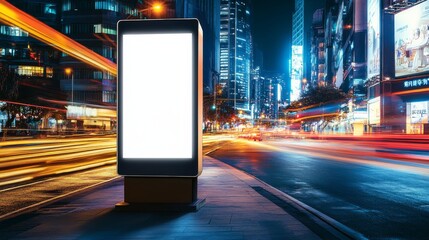 Poster - Blank billboard illuminated by night on city street for advertising. Urban marketing concept.