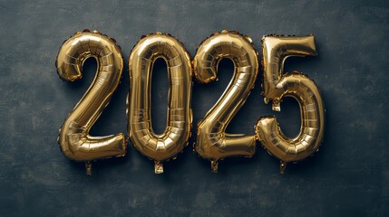 A golden number foil balloon with the year 2025 isolated on a dark gray background wishes you a happy new year.