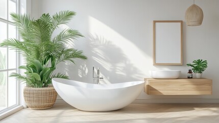 Sticker - Modern simplicity and elegance concept bathroom with natural wood accents and sunlight. Stock image