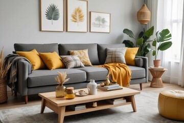 Wall Mural - Modern Living Room with Gray Sofa, Yellow Accents, and Wooden Coffee Table