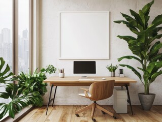 Poster - Modern office interior with a large framed poster on the wall, an empty wooden desk, a chair, and a plant near the window.