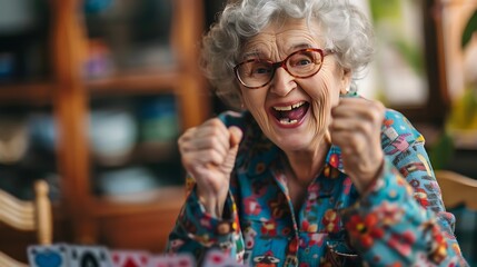 Poster - An elderly woman joyfully celebrating with raised fists, showing excitement and happiness.